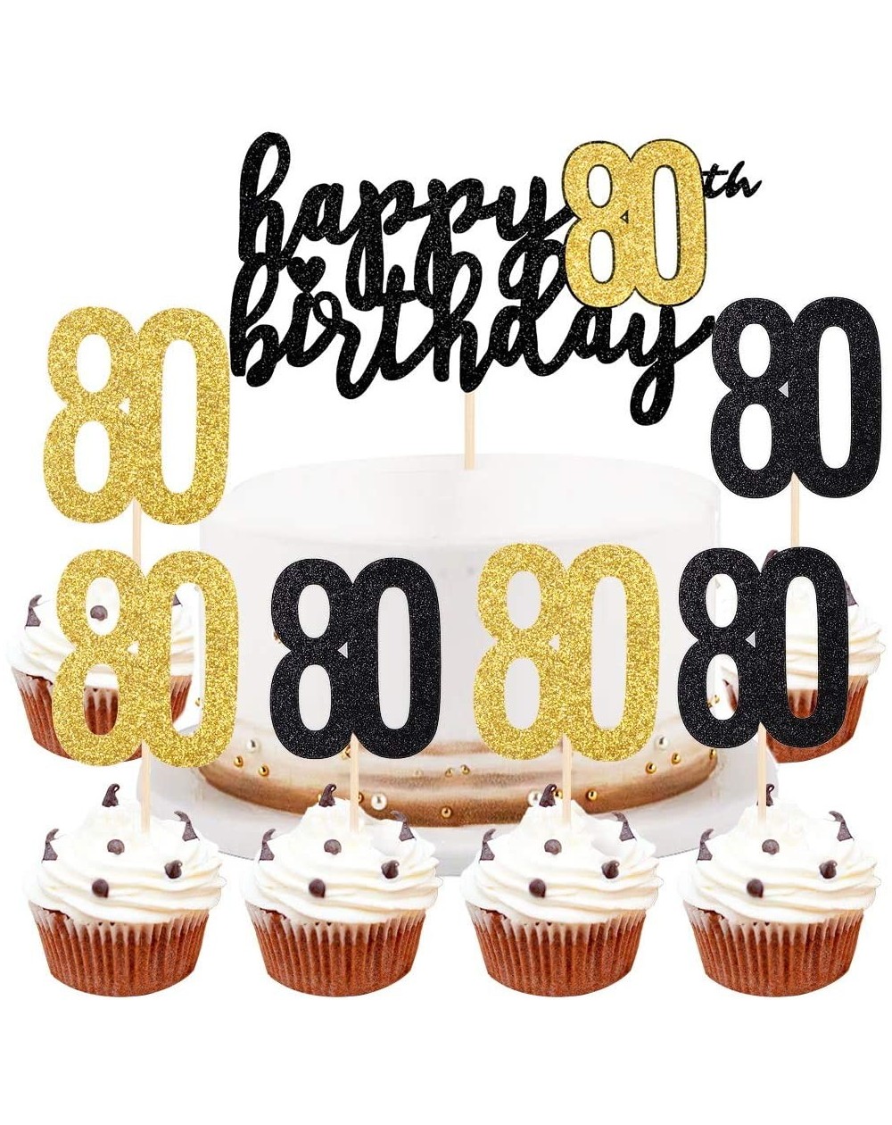 Cake & Cupcake Toppers Happy Birthday Cake Topper Black Font Golden Numbers 80th Birthday Happy Cake Topper digital 80 Paper ...