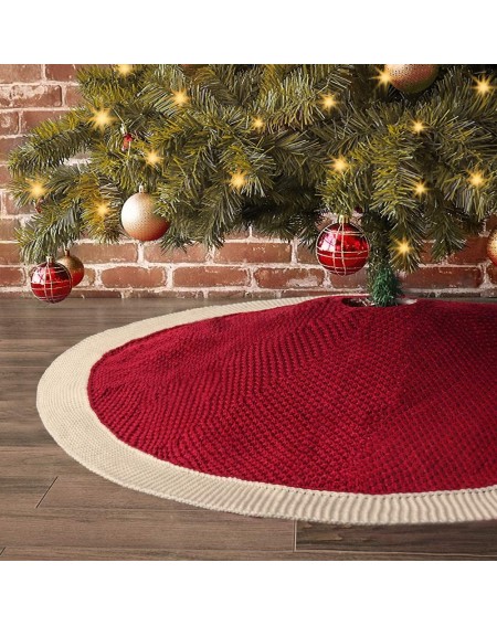 Christmas Tree Skirt- 48 inches Knitted Knit Thick Heavy Yarn Rustic Xmas Holiday Decoration- Burgundy and Cream - C6185X4NCSE