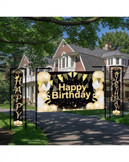 Banners & Garlands Black Gold Happy Birthday Hanging Banner Porch Sign with Fabric Sign Poster Background Photo Booth Backdro...