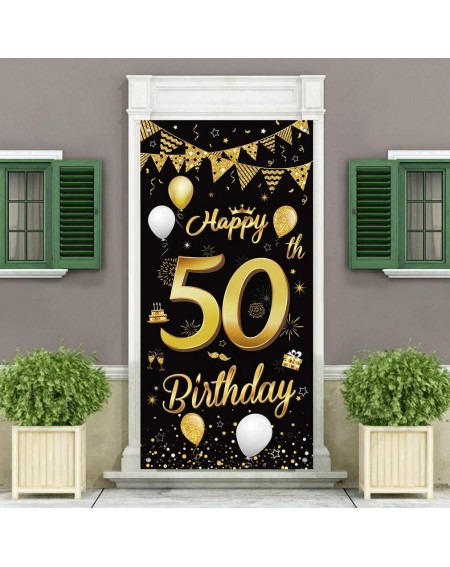 Banners Happy 50th Birthday Party Decorative Door Cover Banner-Large Fabric Black and Gold Glitter Sign Birthday Photo Booth ...