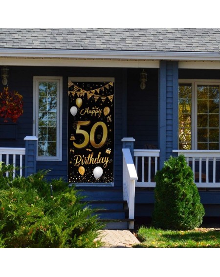 Banners Happy 50th Birthday Party Decorative Door Cover Banner-Large Fabric Black and Gold Glitter Sign Birthday Photo Booth ...