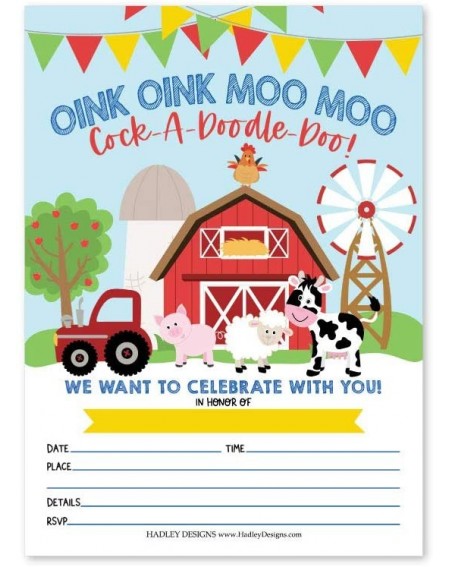 Invitations 25 Cartoon Farm Barnyard Birthday Kid Party Invitation- Animal Pig Cow Invite for Girl Boy- Tractor Barn Theme Co...