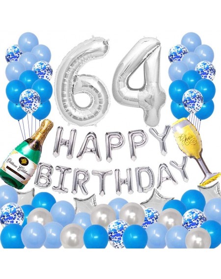 Balloons Happy 64TH Birthday Party Decorations Pack-Blue Silver Theme- Happy Birthday Banner Foil Number 64 12inch Silver Con...