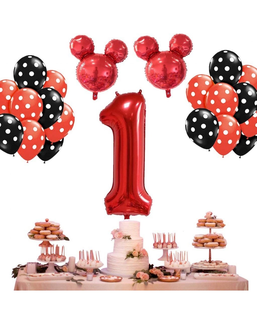 Balloons 13Pcs 1st Birthday Balloon Decorations- Balloon 1th Red Mouse Head Balloons and Red Black Wave Point Balloons for Cr...