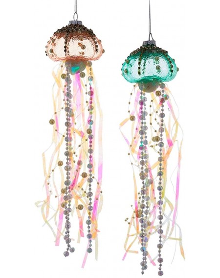 Ornaments Coastal Beaded Jellyfish Glass and Ribbons Christmas Holiday Ornaments Set of 2 - CJ12JBHU02R $21.76
