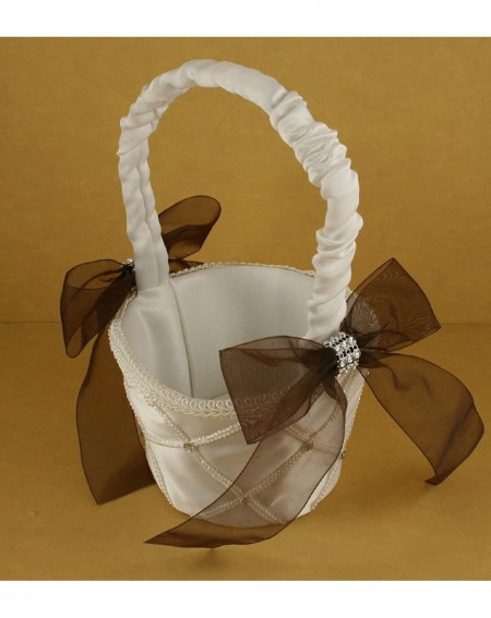 Ceremony Supplies IVORY Wedding Flower Girl Lattice Design Basket Organza Bow & Faux Rhinestone Accent (BROWN BOW) - Brown Bo...