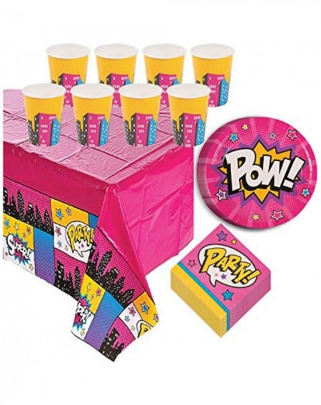 Party Packs Superhero Girls Party Pack - Pink Action Hero Dinner Plates- Lunch Napkins- Cups- and Table Cover Set (Serves 8) ...