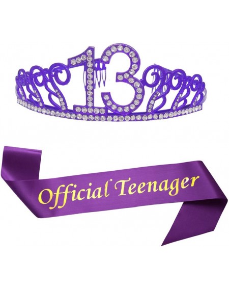 Party Packs 13th Birthday Purple Tiara and Sash Purple Glitter Satin Sash and Crystal Rhinestone Tiara Crown for Happy 13th B...