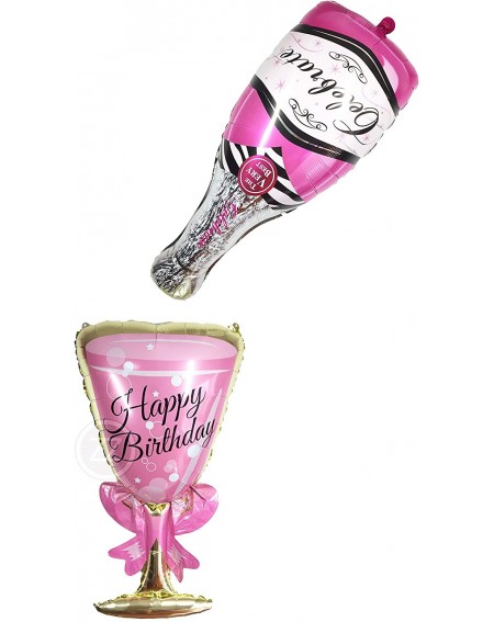 Balloons 2 Pcs Happy Birthday Champagne Bottle and Goblet Wine Glass Large Mylar Foil Balloons 33in- Pink pop Decoration for ...