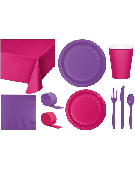 Party Packs Party Bundle Bulk- Tableware for 24 People Magenta Pink and Amethyst- 2 Size Plates Napkins- Paper Cups Tablecove...