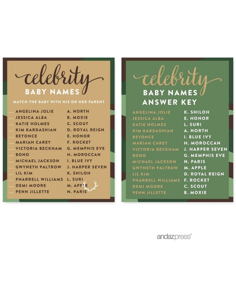 Invitations Woodland Camouflage Boy Baby Shower Collection- Games- Activities- Decorations- Celebrity Name Game Cards- 20-Pac...