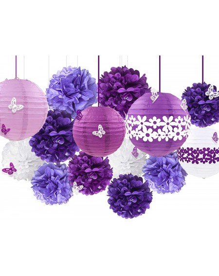 Tissue Pom Poms 38Pcs Purple White Party Decoration Kit Lanterns with Flower Pom Poms and Paper 3D Butterfly Stickers for Bir...