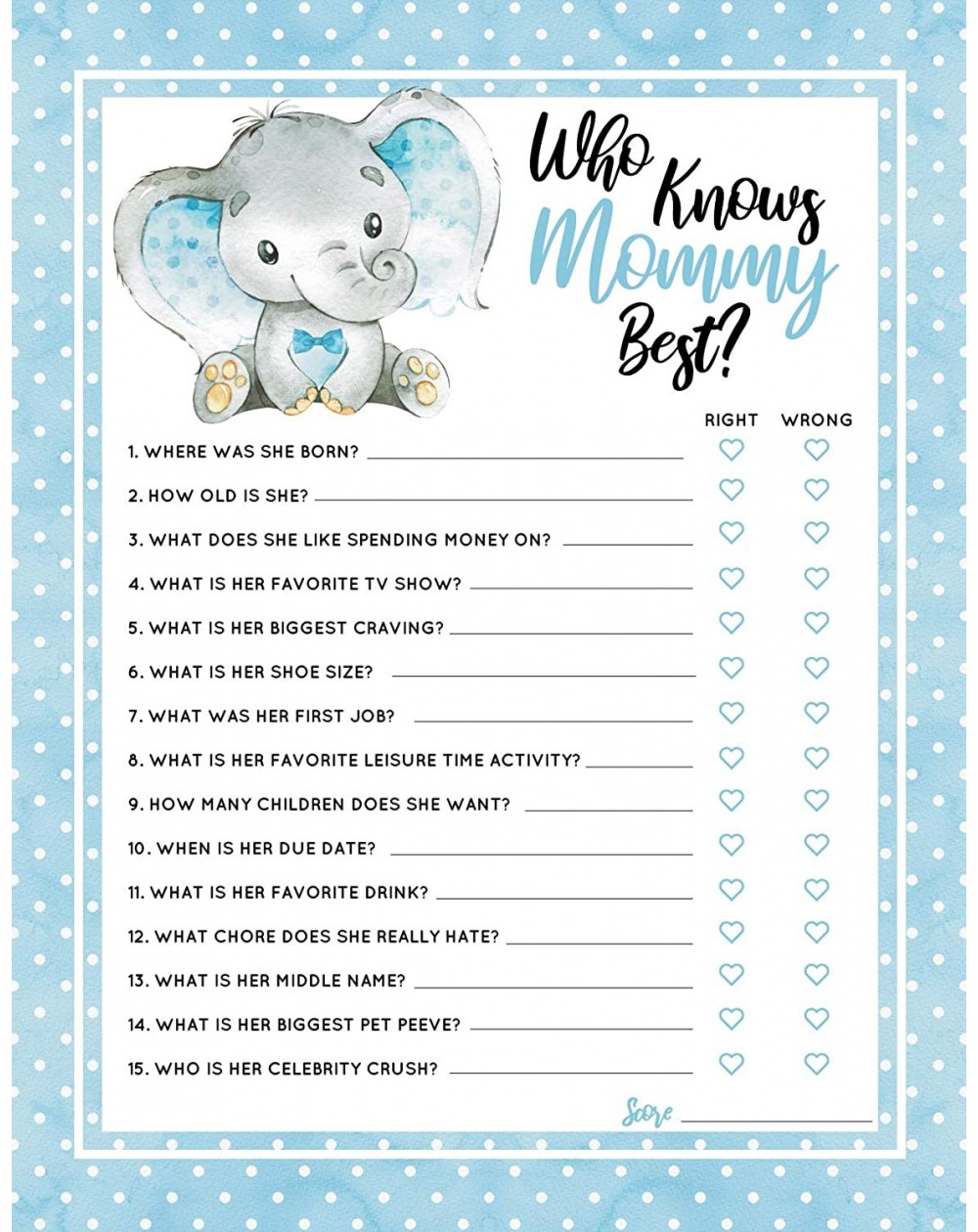 Party Games & Activities 30 Blue Elephant Who Knows Mommy Best Baby Shower Game and Activity Easy to Play- Gender Reveal New ...