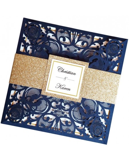 Invitations 6.3 X 6.3 Inch 1PC Blank Navy Blue Laser Cut Wedding Invitations With Envelopes Kit And Gold Glitter Belly Band W...