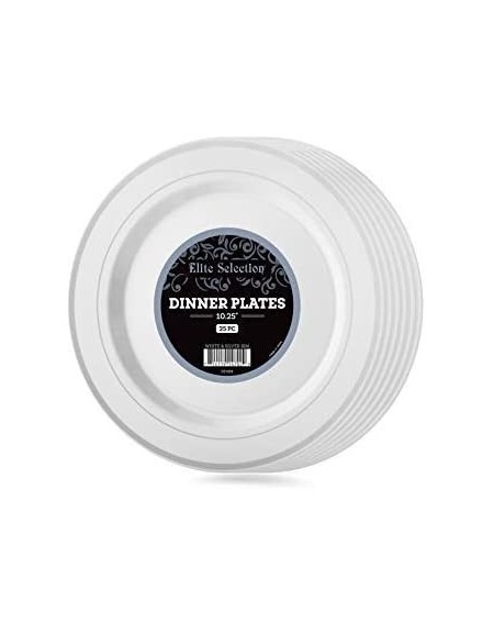 Tableware Pack of 25 White Dinner Disposable Party Plastic Plates With Silver Rim 10.25-Inch - CO12O266C9X $29.22