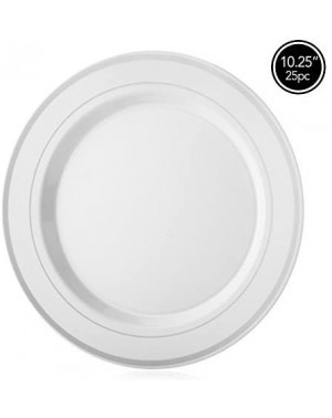 Tableware Pack of 25 White Dinner Disposable Party Plastic Plates With Silver Rim 10.25-Inch - CO12O266C9X $15.40