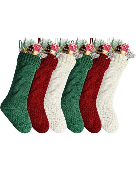 Stockings & Holders 18" Unique Burgundy and Ivory and Green Knitted Christmas Stockings-6 Pack - Burgundy-green-ivory - C618Y...