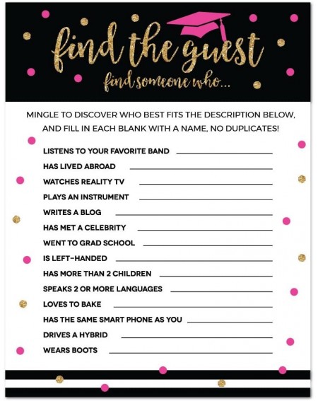 Favors Fuchsia- Black and Gold Glittering Graduation Party Collection- Name The Guest Who Game Cards- 20-Pack- Games Activiti...