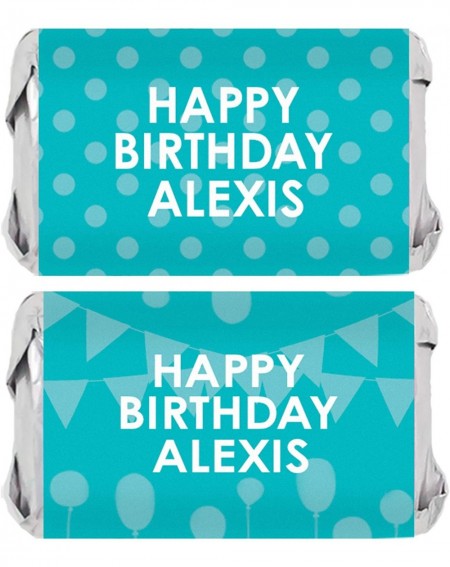 Favors Personalized Happy Birthday Party Mini Candy Bar Wrappers with Name - 45 Stickers (Teal) - Teal - CU198U4N3DH $14.01