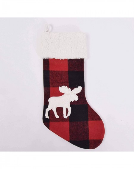 Stockings & Holders Buffalo Check Plaid with 3D Applique Embroidery Cute Moose Body-Ivory Sherpa Cuff Christmas Stocking -10"...
