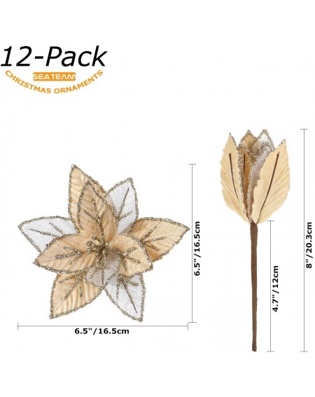 Ornaments 12-Pack Artificial Glitter Poinsettia Christmas Flower Ornaments Tree Decorations- 6.5-inch- Gold - Gold - CX18W4DR...