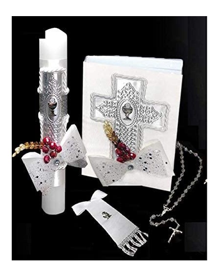 Favors Spanish Handmade First Holy Communion Set for Boy Holy Cross Silver Plated and Grapes- Candle- New Testament- Illustra...