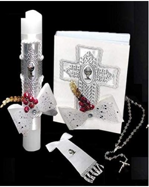 Favors Spanish Handmade First Holy Communion Set for Boy Holy Cross Silver Plated and Grapes- Candle- New Testament- Illustra...