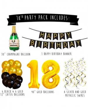 Banners & Garlands 18th Birthday Party Pack - Black & Gold Happy Birthday Bunting- Poms- and Swirls Pack- Birthday Decoration...