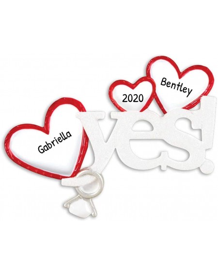 Ornaments Personalized Yes! Engagement Christmas Tree Ornament 2020 - White Word Red Heart Diamond Ring Sparkle Engaged Marry...
