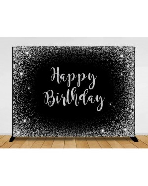 Photobooth Props 7x5ft Fabric Happy Birthday Backdrop Black Silver Decoration Backdrops for Women Men 30th 40th 50th 60th Bir...