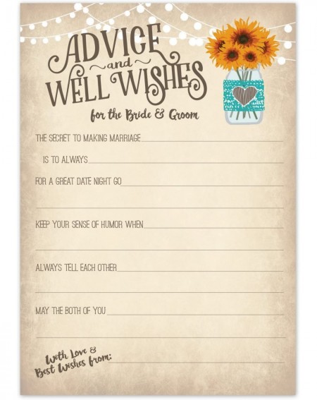Favors Vintage Rustic Country Wedding Advice Cards - Sunflowers in Mason Jar - Advice & Well Wishes for the Bride & Groom - F...