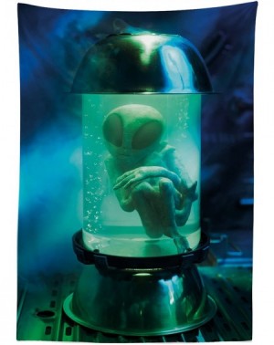 Tablecovers Outer Space Outdoor Tablecloth- Martian UFO Alien in a Aquarium Like Tube Artwork Image- Decorative Washable Picn...
