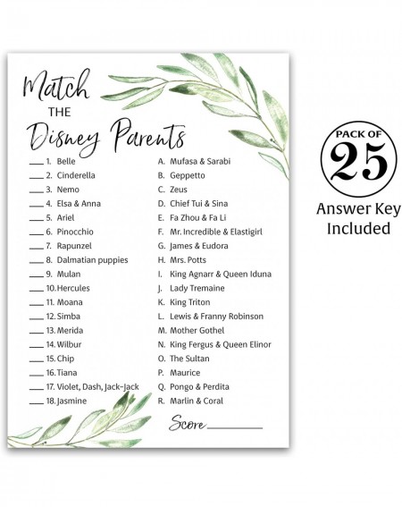 Favors GREENERY Baby Shower Game - DISNEY PARENT MATCH Baby Shower Game - Pack of 25 - Gender Neutral Baby Shower Game- Flora...