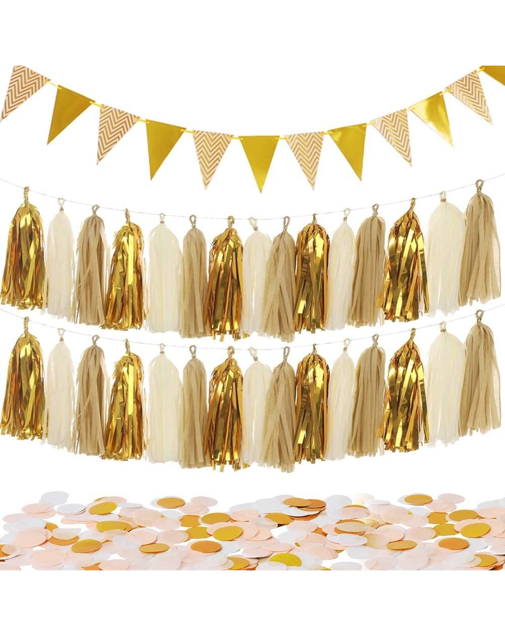 Banners & Garlands Sparkly 30PCS Gold Tassel Garland and 15PCS Paper Pennant Banner Triangle Flags Bunting and 10g Gold Paper...