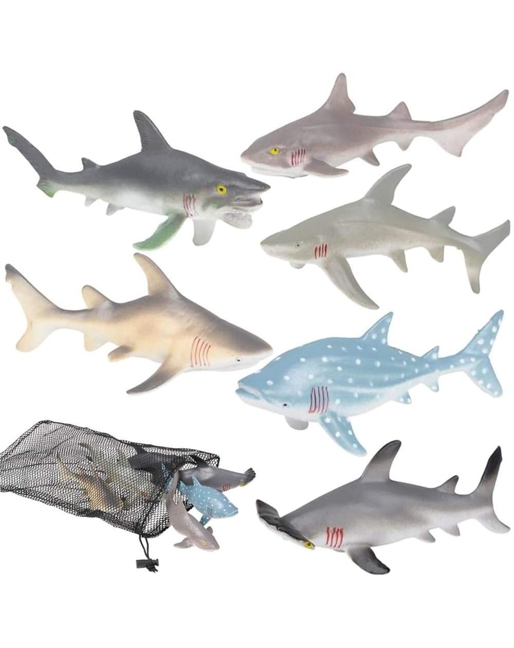 Party Favors Shark Figures in Mesh Bag - Pack of 6 Sea Creature Figurines in Assorted Designs- Bath Water Toys for Kids- Shar...