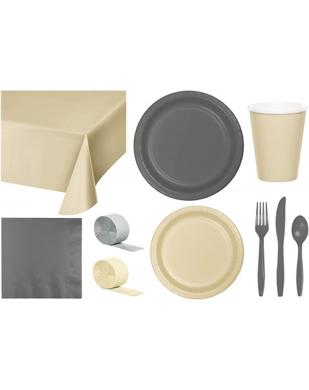 Party Packs Party Bundle Bulk- Tableware for 24 People Ivory and Gray- 2 Size Plates Napkins- Paper Cups Tablecovers and Cutl...