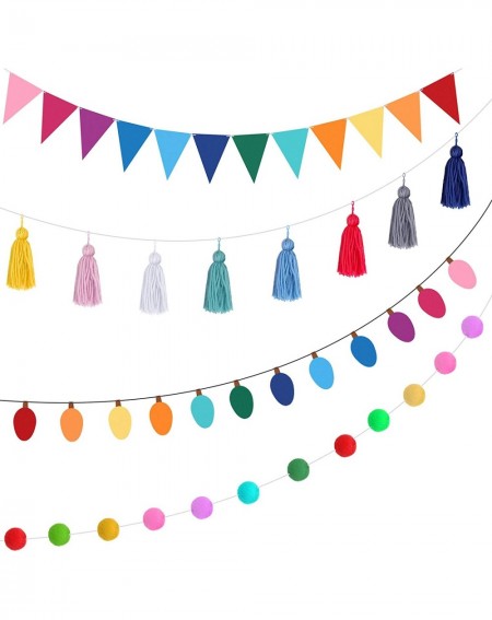 Banners & Garlands 4 Pieces Colorful Garland Banner Felt Balls Garland Tassel Triangle Flags Light Bulb Banners for Christmas...