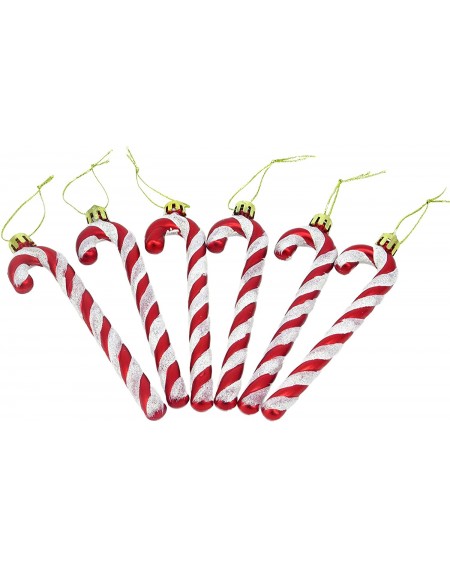 Ornaments Pack of 6 - 13cm Glitter Candy Cane Christmas Tree Decorations (Red & White) - Red & White - CT1854IXC8S $23.92