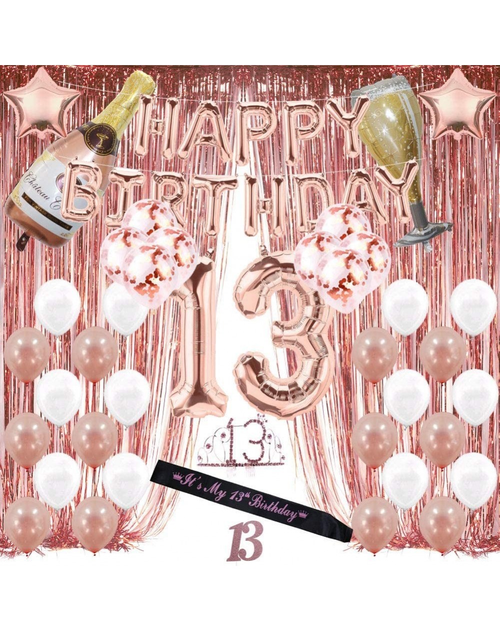 Balloons 13th Birthday Decorations- 13 Birthday Party Supplies for Girl Include Foil Fringe Curtain- Happy Birthday Balloons-...