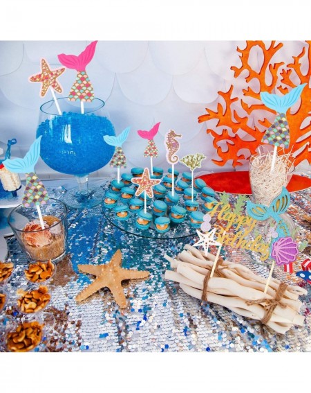 Cake & Cupcake Toppers 30 Pieces Mermaid Party Cupcake Toppers and 1 Pack Glitter Happy Birthday Cake Topper for Sea Party- B...