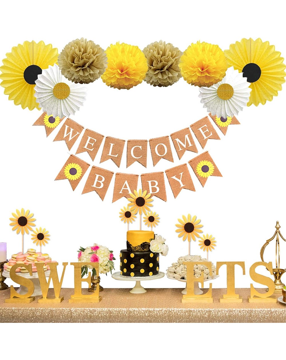 Banners Sunflower Baby Shower Party Decorations Supplies Kit- Sunflower Welcome Baby Banner- Yellow Sunflowers Cupcake Topper...