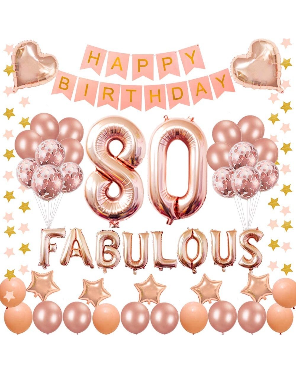 Balloons 80TH Birthday Decorations - for 80 Years Old Birthday Party Supplies pink Happy Birthday Banner Rose Gold Confetti b...