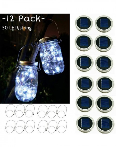 Outdoor String Lights Solar Mason Jar String Light Lids- 12 Pack 30 LED Jar Fairy Firefly Inserts Lighting with 12 Hangers fo...