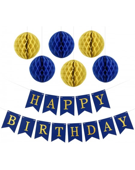 Banners Navy Blue Happy Birthday Banner with Gold Glitter Letters and 6Pcs Honeycomb Balls- Birthday Party Decorations-Event ...