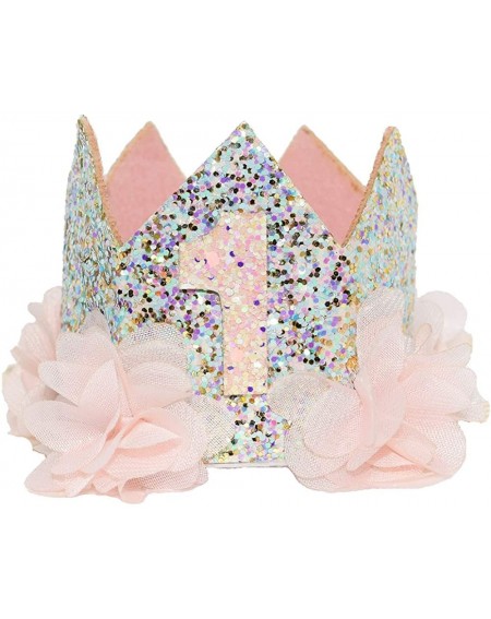 Party Hats Glitter 1/2 1st 2 3 Birthday Princess Flower Floral Crown Tiara Cake Smash Photo Prop - Glitter Light Pink 1 - CP1...