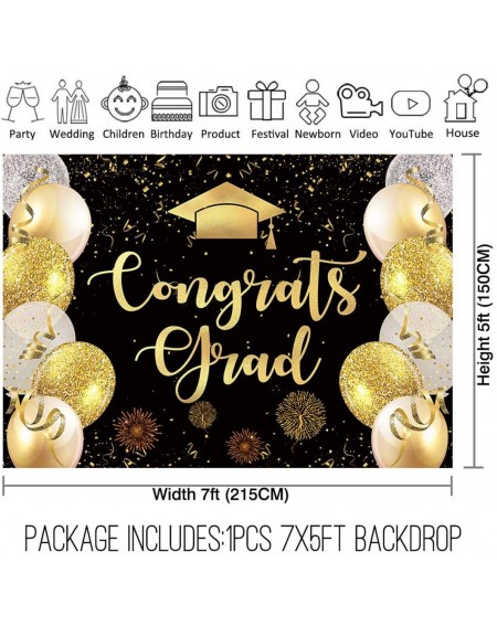 Photobooth Props 7x5ft Congrats Grad Backdrop Graduation Background Black and Gold Balloon Fireworks Ribbon Glitter Banner Cl...