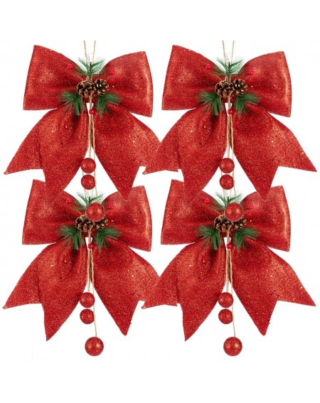 Wreaths 4pcs Red Christmas Decorative Bows with Pinecone for Wreath Garland Treetopper Christmas Tree Gifts Party Home Indoor...