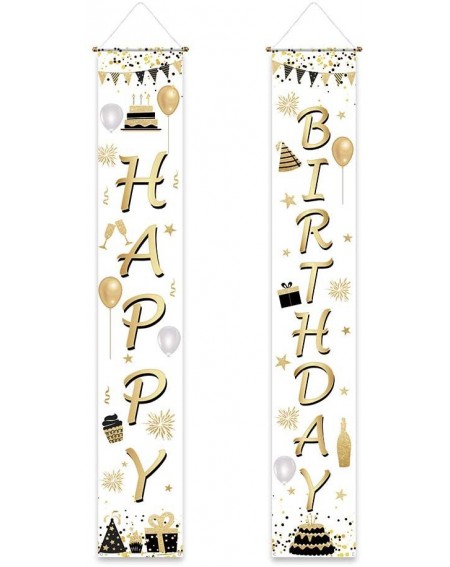 Banners & Garlands Happy Birthday Theme Porch Sign White Black and Gold Dots Glitter Balloons Yard Banner Polyester Home Hous...