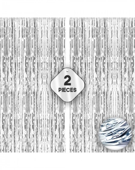 Photobooth Props Xtra Large- Silver Fringe Curtain - 3.2 x 10 Feet - Pack of 2 - Metallic Silver Backdrop Curtain for Parties...