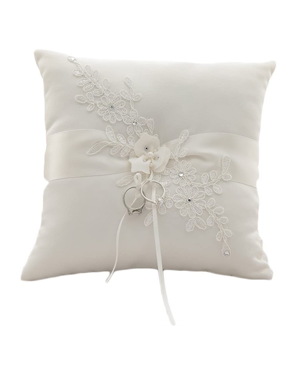 Ceremony Supplies Lace Pearl Embroided Satin Flower Wedding Ring Bearer Pillow 7.8 Inch x 7.8 Inch (Ivory Satin) - Ivory Sati...